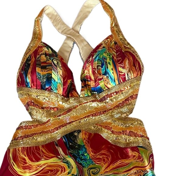 Vibrant Multicolor Sequin Satin Gown Open Back Floor Length Formal Dress Size 4 - Picture 3 of 14